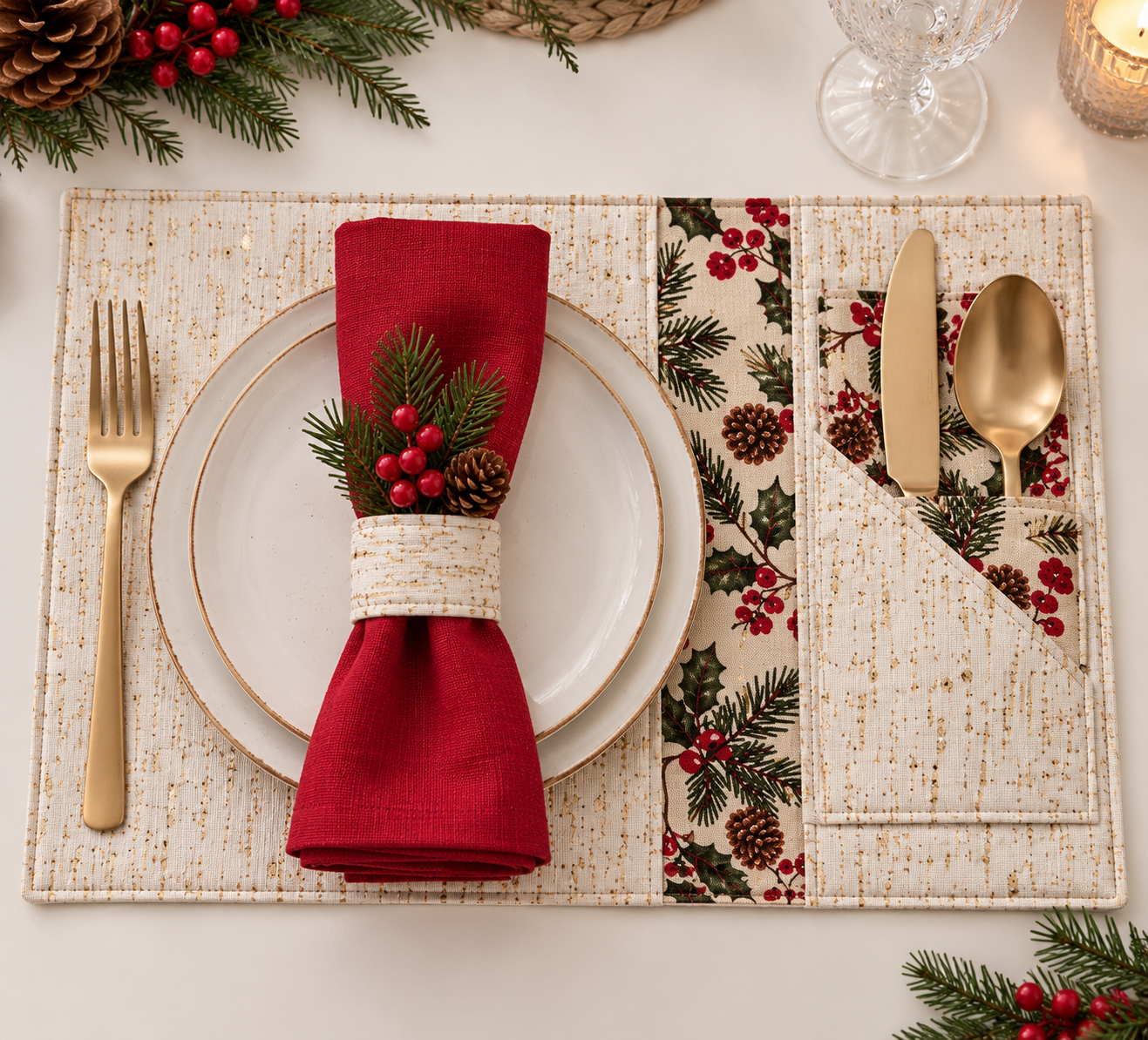 Set de mesa navideño artesanal confeccionado con corcho textil y telas estampadas
