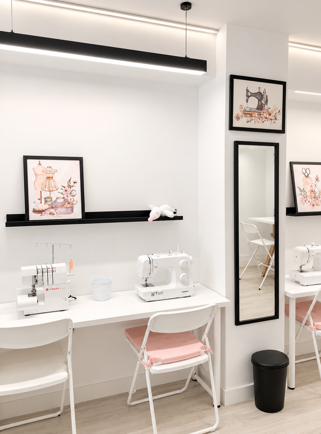 Estudio de costura en blanco y rosa