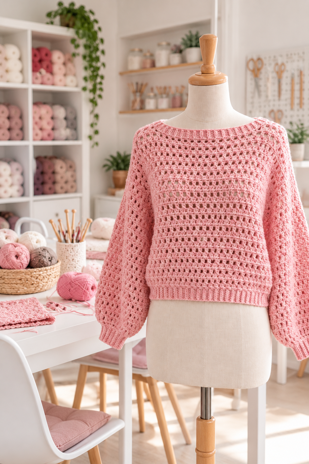 Estudio de crochet con jersey rosa